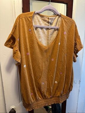 Sonoma Mustard V-Neck Tunic with Pink & White Floral Embroidery